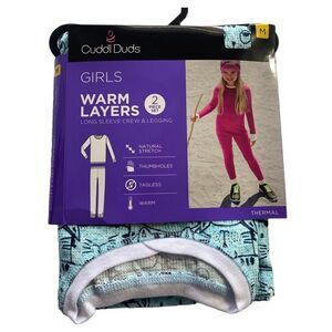 CUDDL DUDS Girls Medium (7/8) Thermal 2-Piece Base Layer Set - SEAFOAM CAT